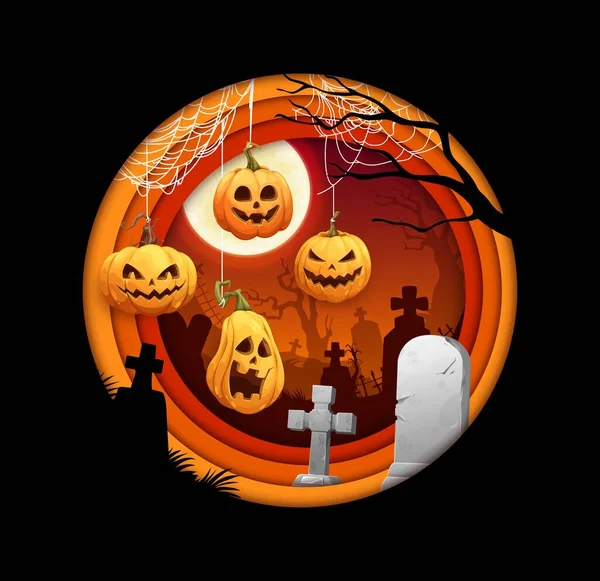 Bandiera Halloween Con Zucche Lapidi Del Cimitero Cornice Rotonda Vettoriale — Vettoriale Stock