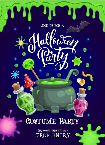 Halloween Holiday Party Flyer Green Slime Potion Bottles Witch Cauldron — Stock Vector