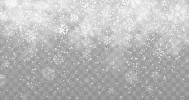 Winter snow fall overlay effect, Christmas holiday snowy background, snowflakes snowfall. Isolated vector realistic falling snow and steam on transparent backdrop. Xmas pattern, texture, snowstorm clipart