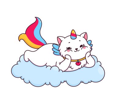 Çizgi filmdeki şirin caticorn kedisi ve kedi yavrusu karakteri. Caticorn kedisi, izole edilmiş çocuksu vektör maskotu. Tek boynuzlu at kedisi komik bir karakter ya da fantezi hayvan mutlu bir kişilik uzanmış ve bulutların üzerinde hayal kuruyor.