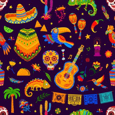 Meksika bayramı ve festival objeleri pürüzsüz. Çizgi film sombrero şapkası, marakas, gitar ve sinekkuşu, gitar, tukan, bukalemun ve çiçek içeren vektör arkaplan
