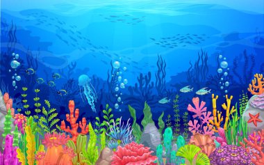 Deniz altı manzarası, karikatür deniz yosunları ve mercanlar, deniz altı veya okyanus vektör arka planı. Tropikal mercan resiflerindeki balık sürüleri, denizanaları ve deniz yıldızları, okyanus dünyası ve deniz altı manzaraları.