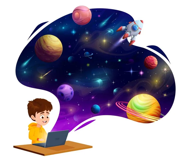 Cartoon Child Boy Laptop Dreaming Galaxy Flight Space Discovery Universe — Stock Vector