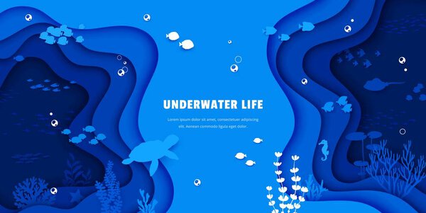 Landing page, sea paper cut underwater landscape with fishes and ocean animals, vector website template background. Undersea papercut landscape of coral reef turtle, ocean stingray and seahorses