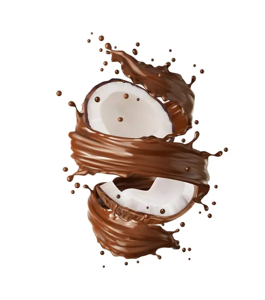 现实的巧克力牛奶龙卷风旋涡飞溅 现实的载体糖果糖果或甜点 椰子坚果在牛奶巧克力涡旋波或螺旋形涡旋中开裂 滴滴在运动中 — 图库矢量图片
