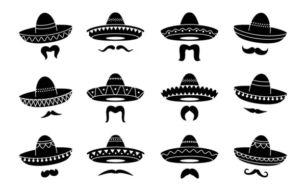 Chapeau Noir Mexicain Mariachi Sombrero Icônes Moustaches Chapeaux Vectoriels Charro — Image vectorielle