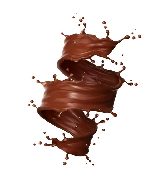 Realistische Chocolademelk Drinken Wervelende Plons Geïsoleerde Realistische Vector Bruine Twister — Stockvector