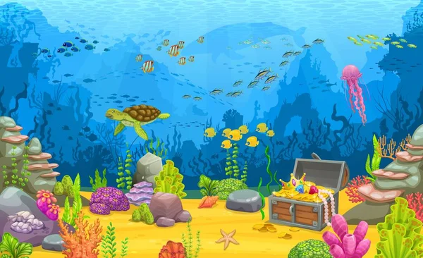 宝箱と海の動物が付いている水中風景 サンゴ礁の水の世界のシーン 魚のシュガル 海藻および海底の胸の水生生物のベクターの背景 — ストックベクタ