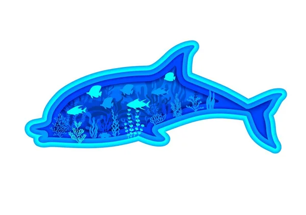 Silhouette Carta Delfino Blu Con Paesaggio Sottomarino Marino Secchio Vettoriale — Vettoriale Stock