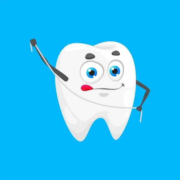 Cheerful cartoon tooth character with dental floss. Dental care and dentistry, oral hygiene funny vector personage. Teeth enamel health childish character or dentist clinic happy mascot of molar tooth