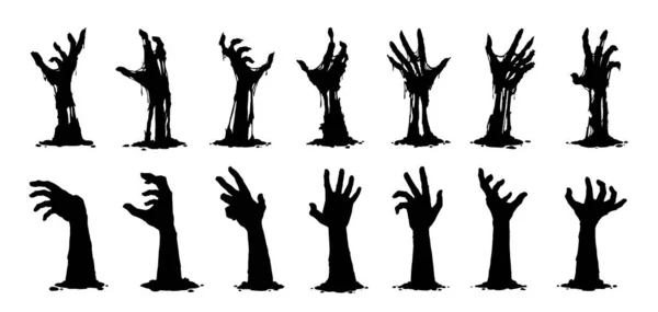 Halloween Zombie Ręce Sylwetki Odizolowany Zestaw Wektorów Upiornych Ramion Wystający — Wektor stockowy