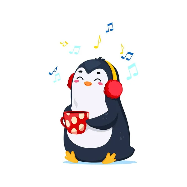 Cartoon Niedlichen Lustigen Pinguin Charakter Tragen Freudig Musik Hört Während — Stockvektor