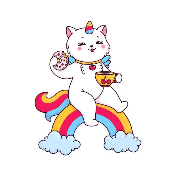 漫画かわいい猫猫と猫のキャラクターは おいしいドーナツと紅茶を楽しんで虹の上に座っています 孤立したベクターの重罪のユニコーン人格 笑いと幸せで満たされた魔法の魅惑的な世界で — ストックベクタ