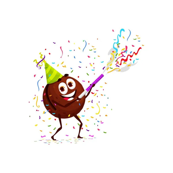 休日と誕生日には漫画のマカダミアナッツキャラクター 孤立したベクター陽気な穀物はパーティー帽子で飾られ ポッパーから喜ばしく撮影し 楽しみとお祝いのバイブを興奮させます — ストックベクタ