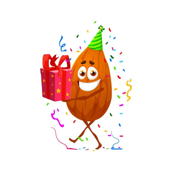 誕生日プレゼントを持っている漫画アーモンドナットキャラクター 孤立したベクターかわいいカーネルはパーティーを祝う準備ができています お祝いのお祝いに喜びと驚きをもたらす遊び心と陽気なスナックの人物 — ストックベクタ