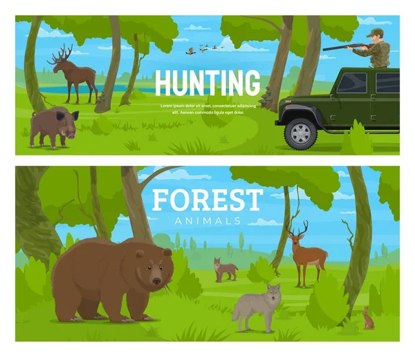 Forest animals and birds, hunting sport vector banners with hunter and bear. Hunt season on wild elk moose, wolf or lynx, deer and rabbit or hare and ducks flying in forest with hunter car and rifle