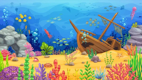 Verzonken Schip Visscholen Zeewier Onder Water Landschap Cartoon Koraalrif Zand — Stockvector