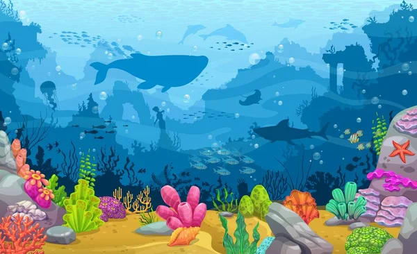 Paysage Urbain Immergé Avec Algues Animaux Marins Vie Aquatique Fond — Image vectorielle