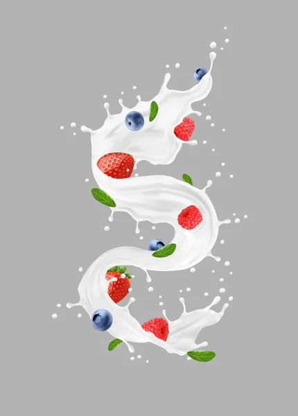 Realistic Yogurt Milk Swirl Splash Berries Dairy Drink Milky Beverage — Stock Vector