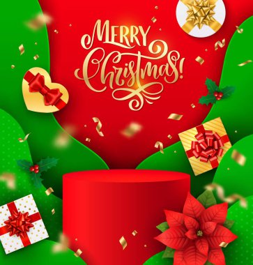 Noel podyumu veya hediyeli sahne, tatil ürünleri sergisi için kırmızı, altın ve yeşil renkli sahne. Kış sezonu xmas satışları için 3d silindir kaidesi veya platformu olan vektör arkaplanı