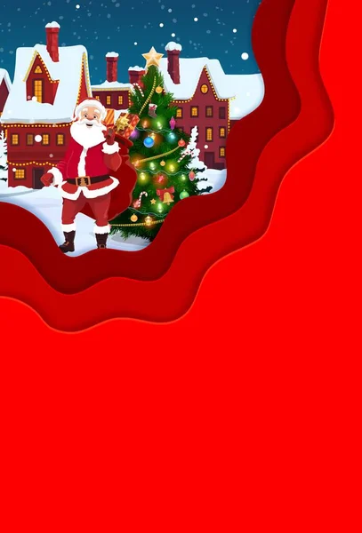Christmas Paper Cut Greeting Card Santa Winter Town Vector Xmas — Stock Vector