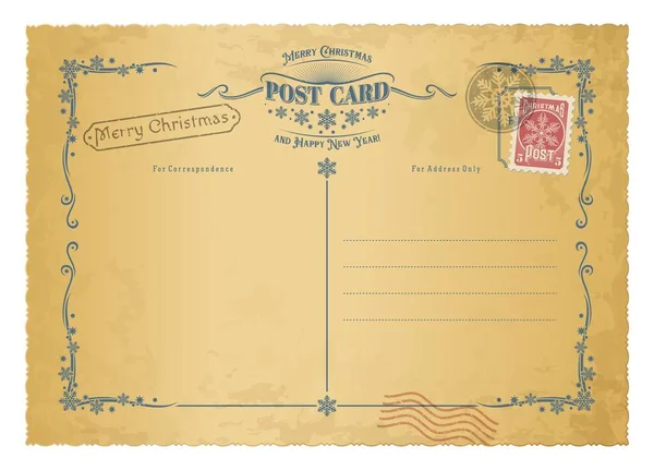 Cartão Postal Antigo Natal Correio Retrô Com Selos Vintage Fundo — Vetor de Stock