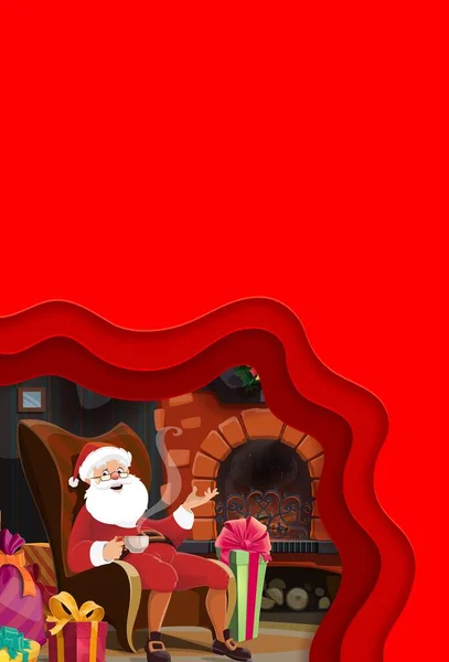 Рождественская Открытка Мультяшный Санта Праздничного Камина Векторный Красный Пустой Шаблон — стоковый вектор