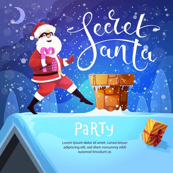 Secret Santa Party Cartoon Funny Santa Character Present Box Roof — Stock Vector