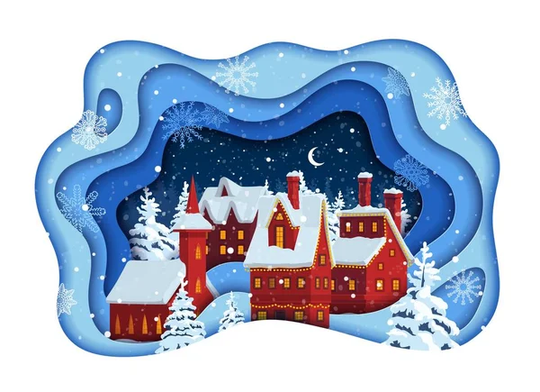 Χριστουγεννιάτικο Χαρτί Έκοψε Χειμερινή Χιονισμένη Πόλη Vector Cityscape Σπίτια Χιονόπτωση — Διανυσματικό Αρχείο