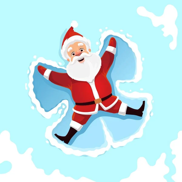 サンタスノーエンジェル 漫画おかしなクリスマスサンタは 新鮮な雪 脚に喜んで広がり 彼のふわふわの白いひげと冬の風景に対する赤いスーツで天使の形を作成します — ストックベクタ