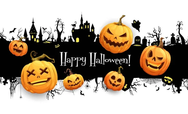 Cartoni Animati Zucche Halloween Sul Paesaggio Scuro Silhouette Castello Felice — Vettoriale Stock