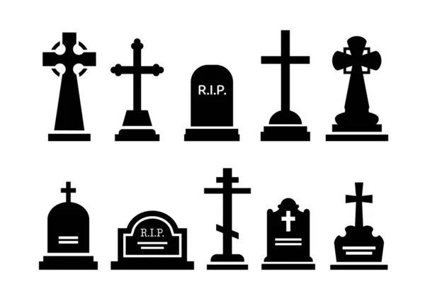 墓石と墓石のシルエット 墓石と墓地の墓石 ベクターアイコン ゴシッククロス 墓碑のシンボルを備えた葬儀記念碑のRip石とグレイヴェアード墓 — ストックベクタ