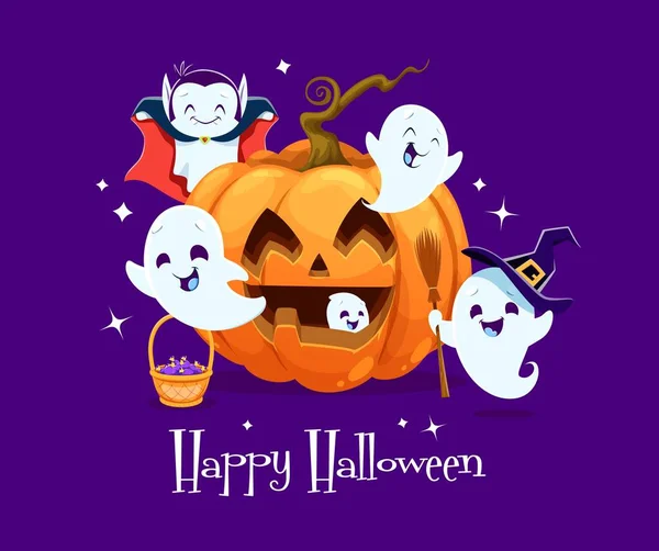Halloween Kawaii Ghost Characters Cartoon Pumpkin Vector Background Cute Funny — Stock Vector