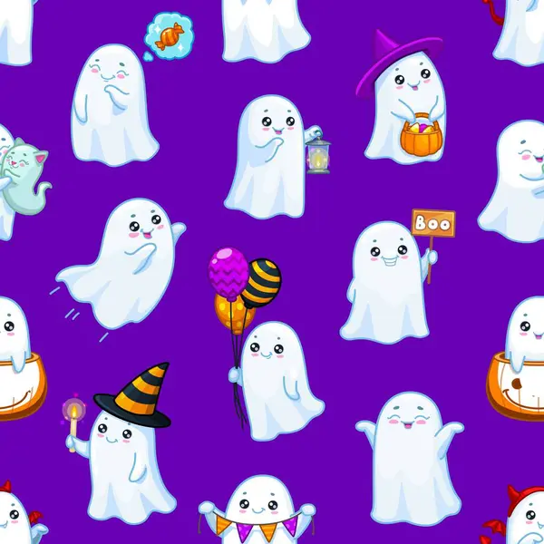 Halloween Kawaii Ghosts Seamless Pattern Funny Baby Spooks Wear Striped — Stock Vector