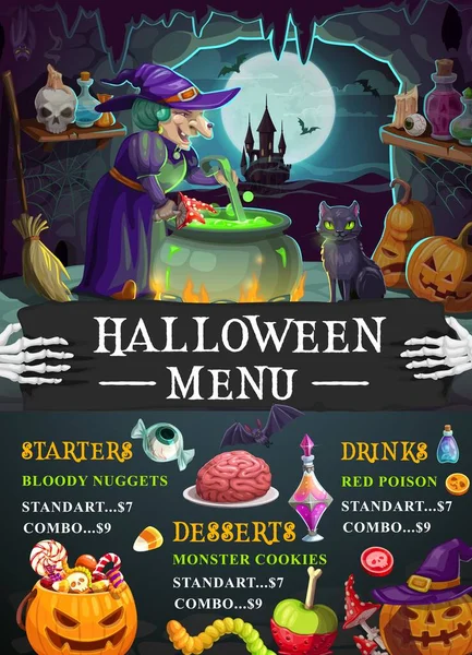 Modello Menu Festa Halloween Con Cartone Animato Spettrale Strega Personaggio — Vettoriale Stock