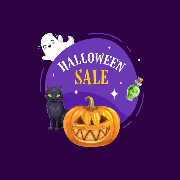 Halloween Sale Badge Kawaii Holiday Pumpkin Character Black Spooky Cat — Stock Vector