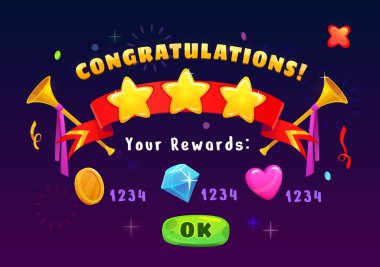 Oyun başarı ödülü, arayüz rozeti ve tebrik kurdeleleri ve yıldızlı ikonlar, vektör arayüzü. Oyun seviyesi tamamlandı ve oyun için para, kalp ve elmas bonusuyla ödüllendirildi.