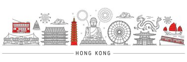 Hong Kong silueti. Kanton şehirleri ve binaları gezer. Vektör hattı Hong Kong Büyük Buda heykeli, tapınak ve pagoda kulesi, tramvay, hurda tekne ve feribot, bulutlar, ejderha ve havai fişekler