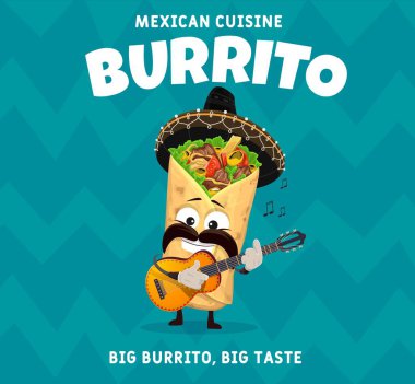 Meksika Burrito Meksika çizgi filmi, gitarlı Mariachi müzisyeni. Komik bıyıklı Latin yemeği kişiliği olan Tex Meksika yemek restoranı için vektör tanıtım afişi geleneksel gitar çalan sombrero giyer.
