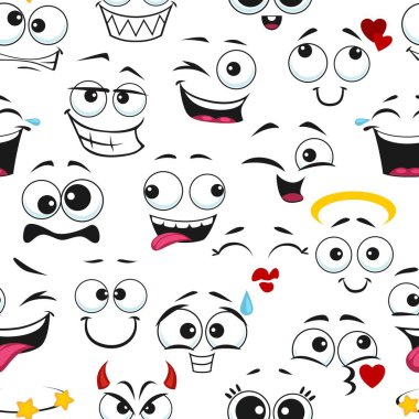 Çizgi film komik emojisi pürüzsüz bir şekille karşı karşıya. Tekstil esprisi arka planı, duvar kağıdı veya kumaş vektör baskısı gülümseyen, aptal ve göz kırpan emoji yüzleri ile kağıt kaplama yüz ifadeleri ile
