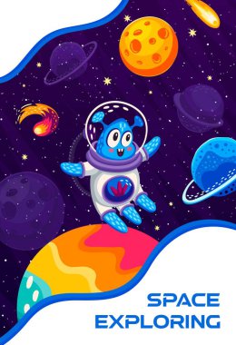 Galaksi gezegenleri ve yıldızlar arasında çizgi film karakteri olan uzay keşfi posteri, vektör arka planı. Uzay yolculuğunda komik Mars uzay adamı olan çocuklar yıldızlı gökyüzündeki gezegenlere