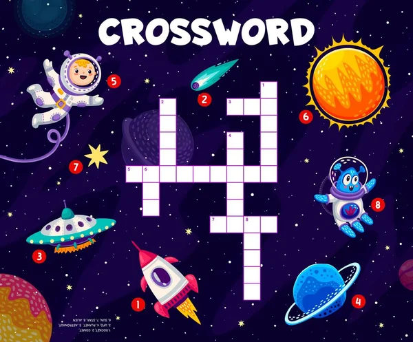クロスワード クイズゲーム キャラクターと宇宙船 星の銀河空間 ベクトル ワークシート エイリアンのUfo ロケット 惑星と宇宙飛行士がクロスワードクイズゲームで単語を推測する — ストックベクタ
