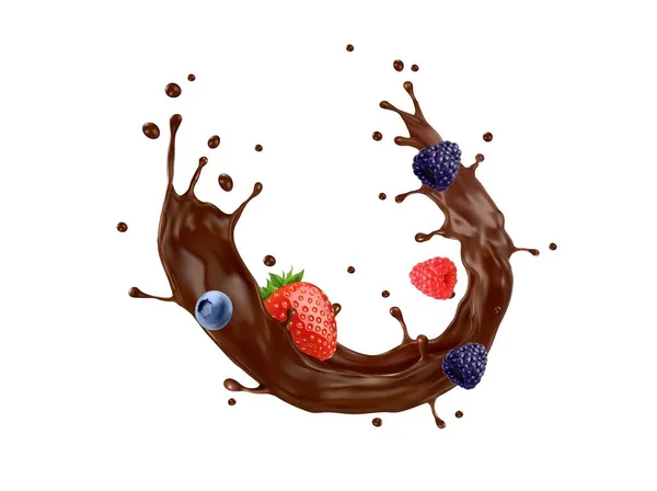 Chocolate Creme Leite Bebida Fluxo Splash Com Bagas Maduras Vetor — Vetor de Stock