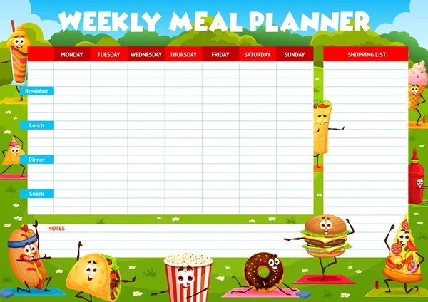 Planificateur Repas Hebdomadaire Personnages Fast Food Dessin Animé Plan Alimentation — Image vectorielle