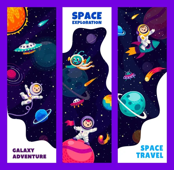 Galaxy Aventura Estandartes Viagem Espacial Com Astronautas Desenhos Animados Espaço —  Vetores de Stock