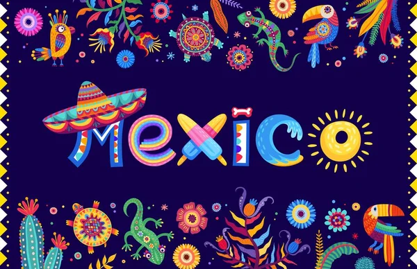 Mexico Belettering Banner Met Tropische Bloemen Dieren Planten Mexicaanse Sombrero — Stockvector