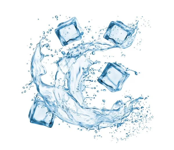 Liquid Blue Water Swirl Splash Ice Cubes Blue Water Falling — Stock Vector