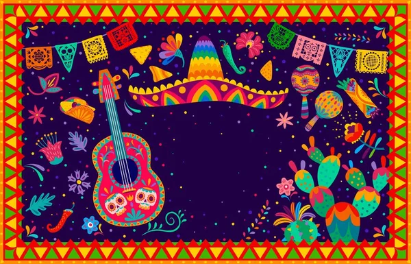 멕시코 포스터 Sombrero 기타와 마라카스 멕시코 피카도 후추와 낙타와 부리토 — 스톡 벡터