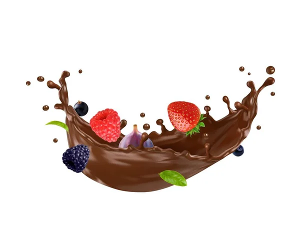 Choco Creme Chocolate Onda Leite Respingo Fluxo Com Bagas Fundo — Vetor de Stock