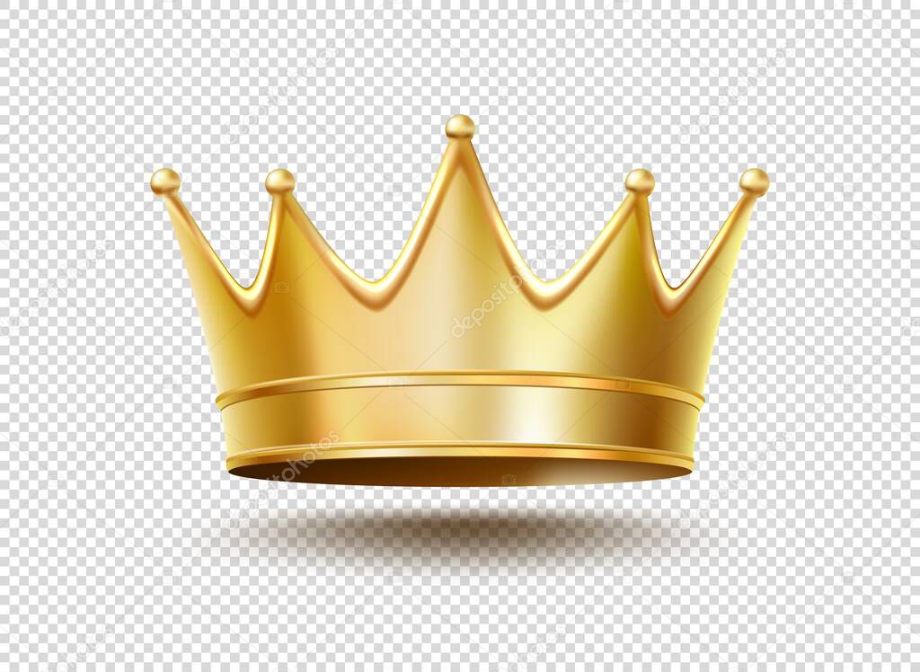 Realistic golden king or queen crown of gold, vector isolated 3D. Prince or princess crown for royal luxury imperial emblem or award, Medieval monarch or emperor golden crown of royalty treasure